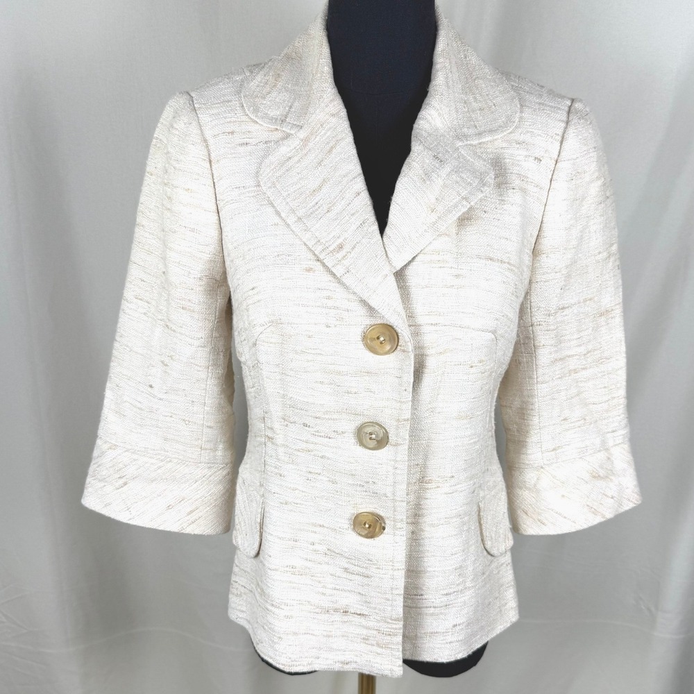 Vintage Y2K Trina Turk Raw Silk Blazer Beige Cream Sz 4 Quiet Luxury Made in USA